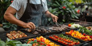 A man is grilling meat and vegetables on a grill. The food being cooked includes sate kambing and arrosticini, showcasing a variety of cuisines and natural ingredients